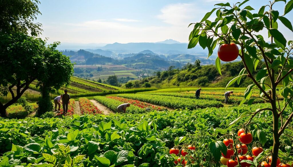 A lush, verdant vegetable farm nestled in the rolling hills of Indonesia's heartland. In the foreground, a bountiful harvest of vibrant greens, tomatoes, and other seasonal produce, freshly picked and glistening under the warm morning sun. The middle ground features rows of neatly tended garden beds, with farmers tending to their crops, their movements captured in a timeless dance of agricultural tradition. In the background, a picturesque landscape unfolds, showcasing the region's natural beauty - distant mountains, winding streams, and a clear, azure sky overhead, creating a serene and tranquil atmosphere. The scene evokes a sense of abundance, sustainability, and the deep-rooted connection between the land, the people, and the food they cultivate. A lush, verdant vegetable farm nestled in the rolling hills of Indonesia's heartland. In the foreground, a bountiful harvest of vibrant greens, tomatoes, and other seasonal produce, freshly picked and glistening under the warm morning sun. The middle ground features rows of neatly tended garden beds, with farmers tending to their crops, their movements captured in a timeless dance of agricultural tradition. In the background, a picturesque landscape unfolds, showcasing the region's natural beauty - distant mountains, winding streams, and a clear, azure sky overhead, creating a serene and tranquil atmosphere. The scene evokes a sense of abundance, sustainability, and the deep-rooted connection between the land, the people, and the food they cultivate.